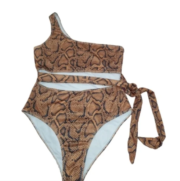 Snakeskin Print One Shoulder One Piece Swimsuit - Sz 1xl - Picture 4 of 9